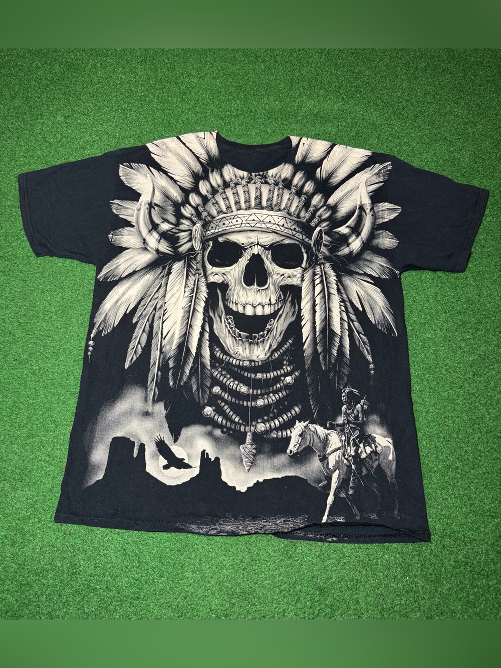 Native American Comanche Skull Gothic Affliction Y2K Liquid Blue XL T Shirt